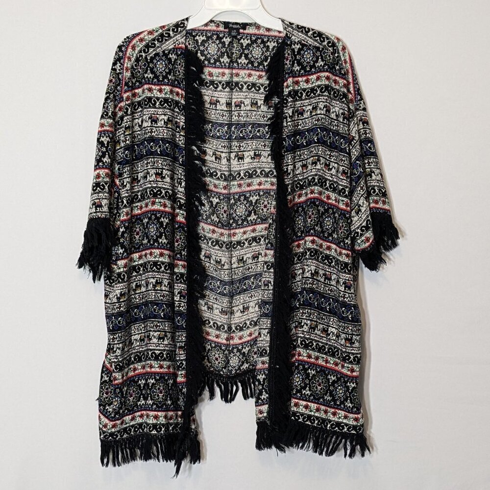 RHAPSODY Black/Red India Elephant Fabric; Open Fringed Tunic; Size L